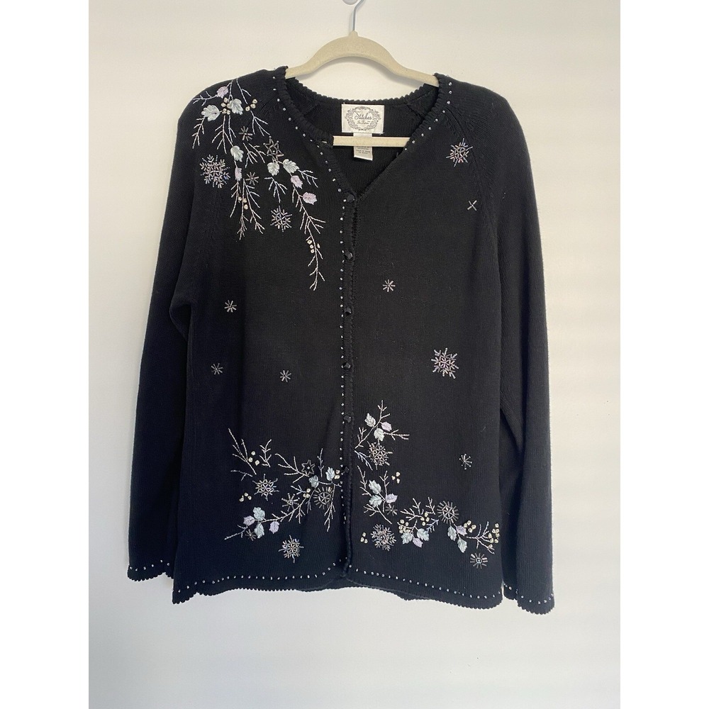 Stitches in Time Sweater Medium Black Embroidered Embellished Floral‎ Cardigan